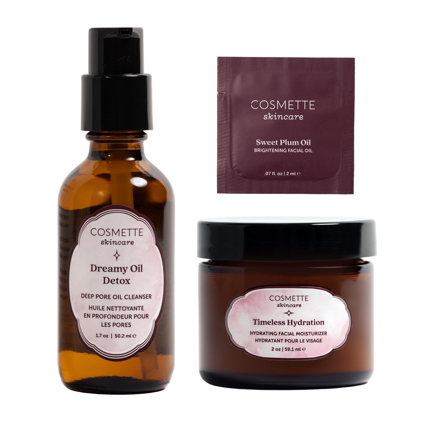 Cosmette Skincare Daily Fine Lines Solution Bundle | Dreamy Oil Detox Cleanser, Timeless Hydration Moisturizer, Sweet Plum Oil Sample Packette