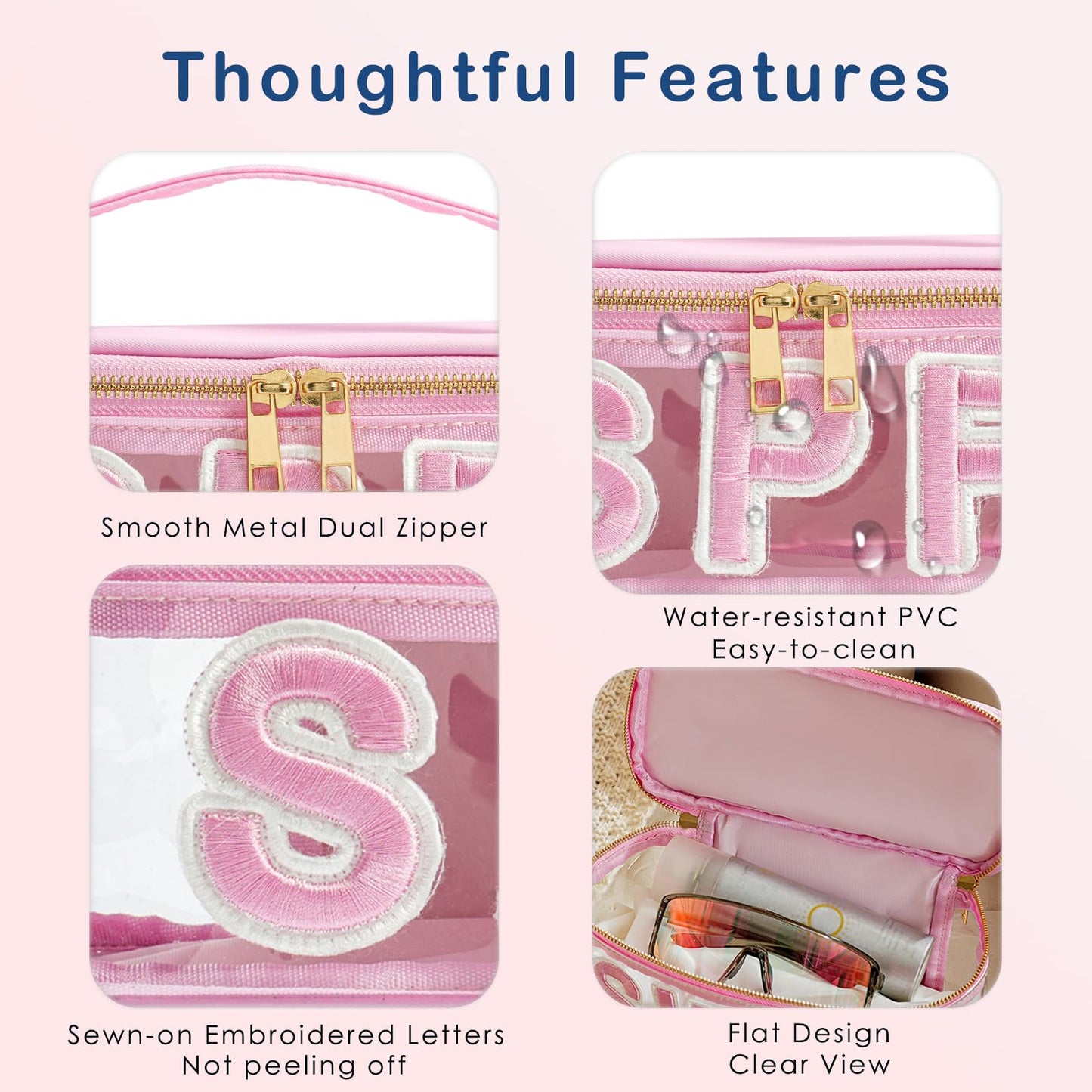 RSRSLEII Clear Waterproof Summer SPF Makeup Bag，Aesthetic Transparent Letter Patch Cosmetic Bag with Metal Zipper, Preppy Sunscreen Accessories Storage Organization, Beach Travel Purse(01SPF Pink)