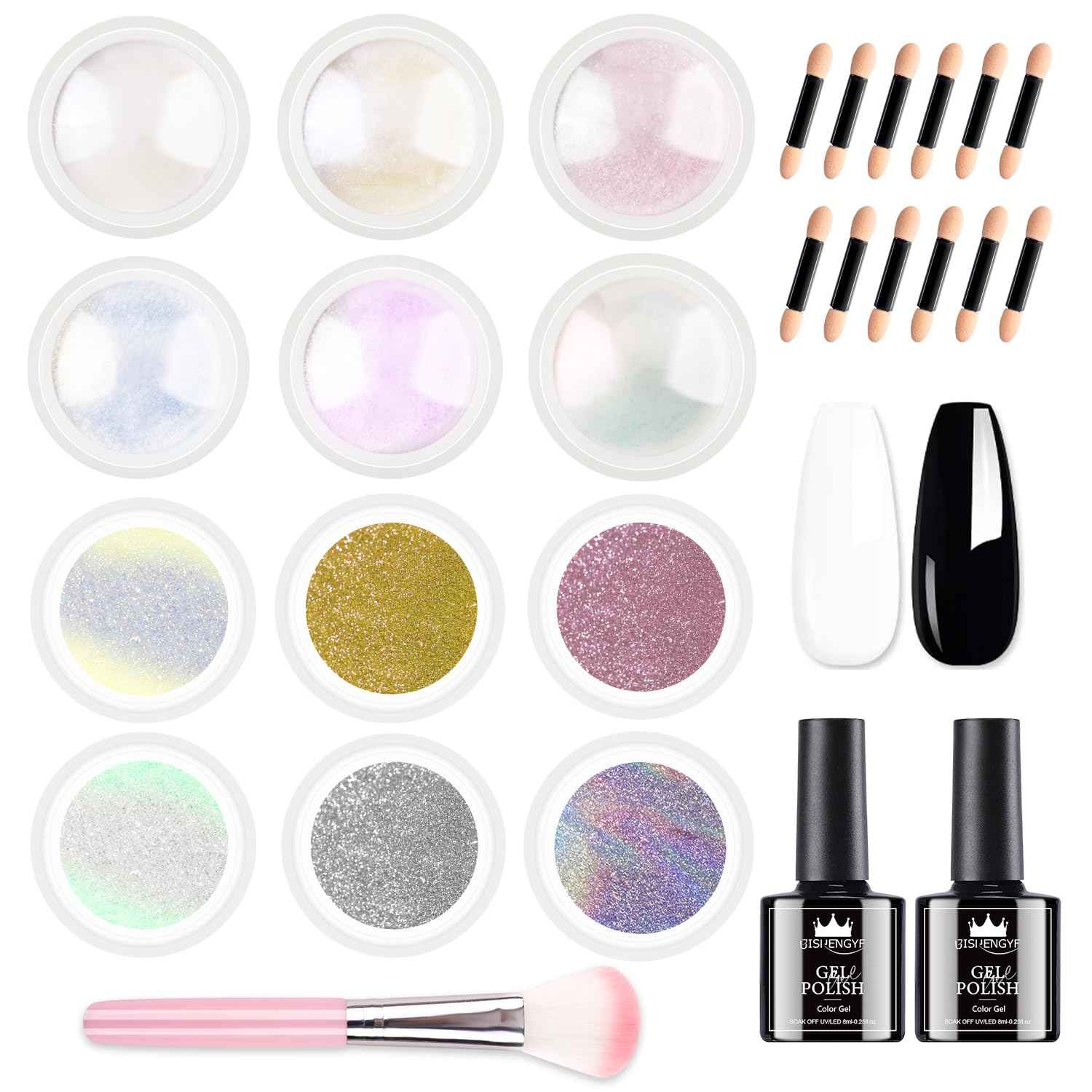 Chrome Nail Powder Kit - 12 Pcs Holographic & Iridescent Gel Polish for DIY Manicure