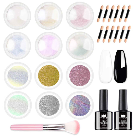 Chrome Nail Powder Kit - 12 Pcs Holographic & Iridescent Gel Polish for DIY Manicure
