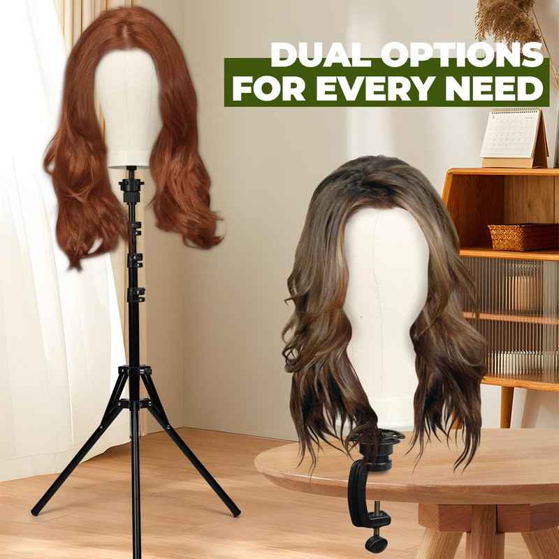Wig Stand Tripod Metal Adjustable Mannequin Head Stand - Mannequin Wig Head with Mount Hole, Manikin Head for Wigs Making, Drying, Styling and Display - Wigs Shampoo & Milk Spray T Pins Hair Cap Set