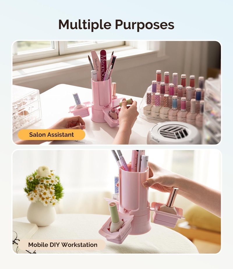 MelodySusie GelCarousel for Nail Polish Bottle Holder and Nail Art Tools Organizer, 360° Rotating Storage Container with 3Pcs Detachable Silcone Gel Polish Holder, Pink(Only Box)