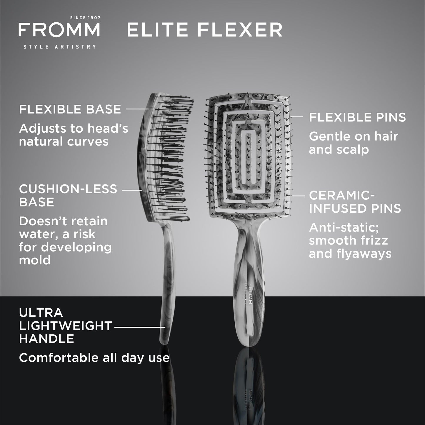 Fromm Professional Elite Flexer Ceramic x Ionic Wet & Dry Detangling Vent Brush | Gentle Hair Detangler & Massage Brush Smooths Frizz & Flyaways, Glides Through Medium to Thick Hair, Easy to Clean