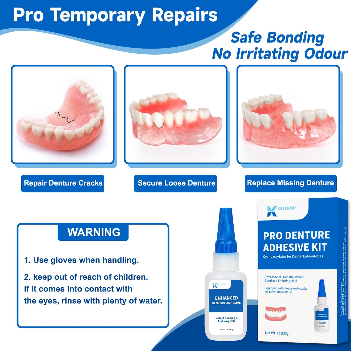 Dental Lab Denture Repair Adhesive Kit, 1oz Instant Bonding Denture Glue for Repairs Cracks, Fills Gaps, Secures Loose Teeth, Safe Bonding with No Irritating Odor