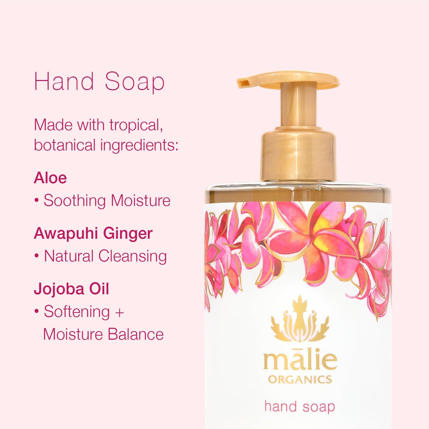 Mālie Organics Hand Soap, Plumeria, 13.5 oz, Organic Moisturizing Hand Wash with Aloe + Hawaiian Hydrosols, Vegan