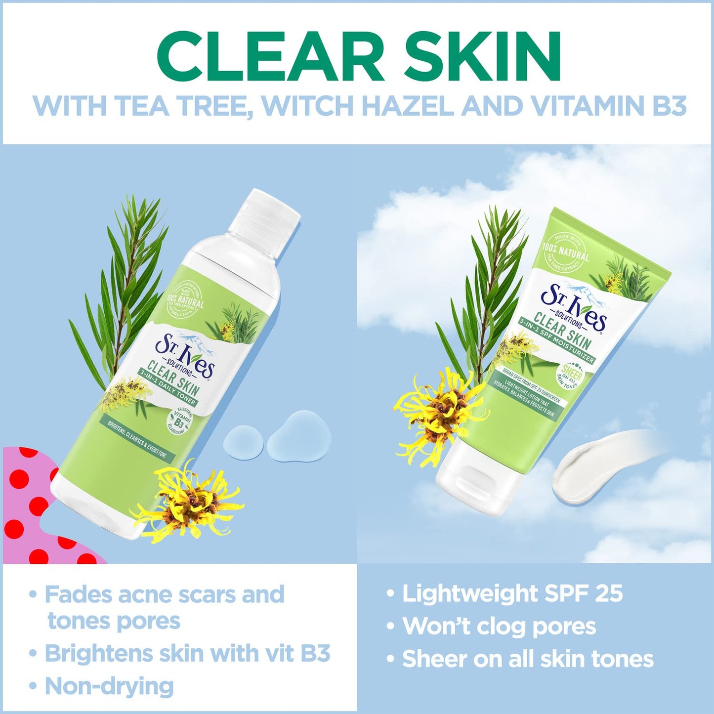 St. Ives Clear Skin Lotion - 3-in-1 SPF 25 Face Moisturizer for Acne-Prone Skin | Lightweight Daily Lotion with Tea Tree & Witch Hazel, 3 Fl Oz