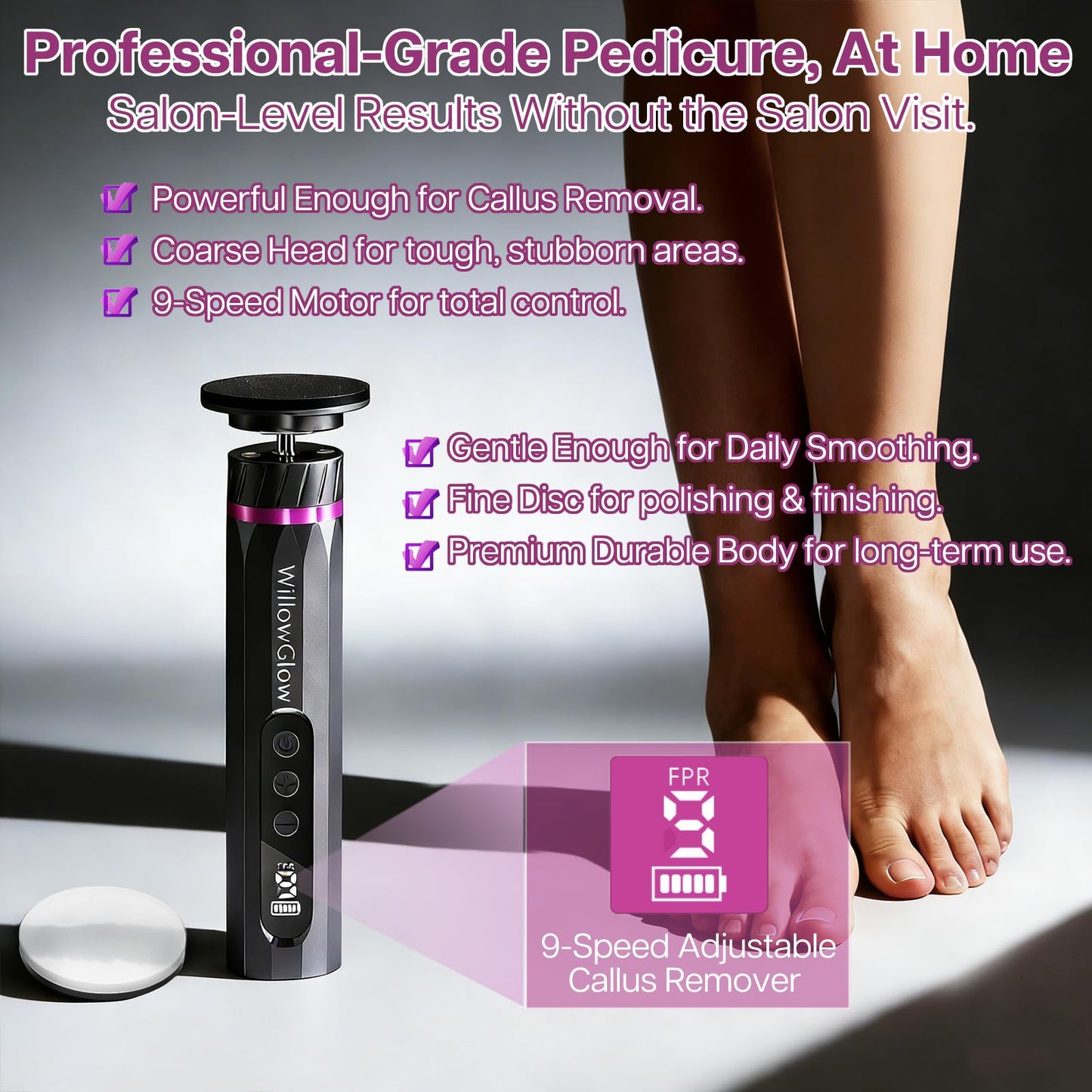 Professional Electric Foot Callus Remover, 9-Speed Cordless Foot File with Reusable Nano Glass Heads & Sandpaper for Dead Skin Removal and Smooth Feet