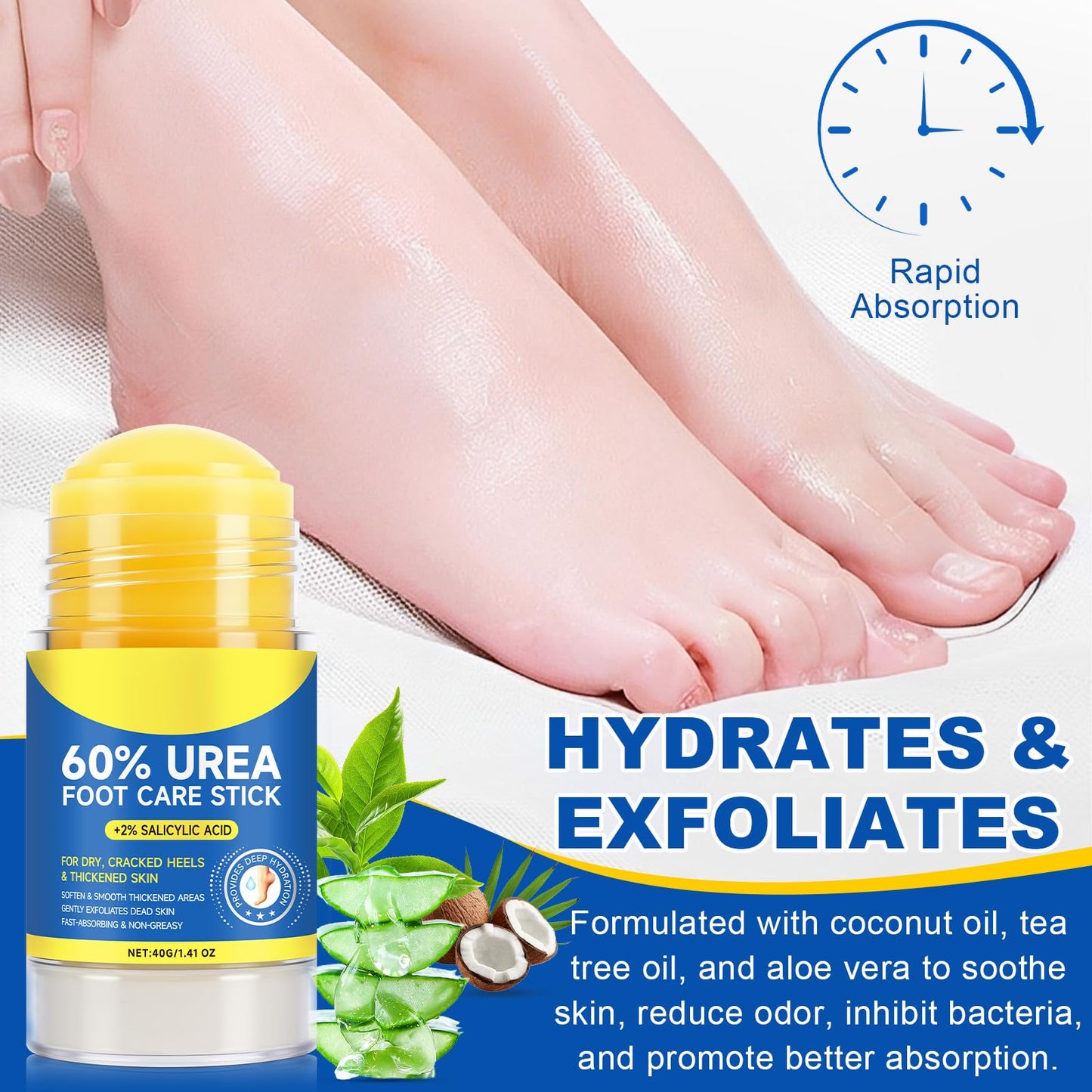 Urea Cream Stick 60% Plus 2% Salicylic Acid, Extra Strength Urea Foot Cream for Dry Cracked Heels, Callus Remover for Feet,Moisturizing Lotion for Hands, Knees,Elbows,Softens and Exfoliates Dead Skin