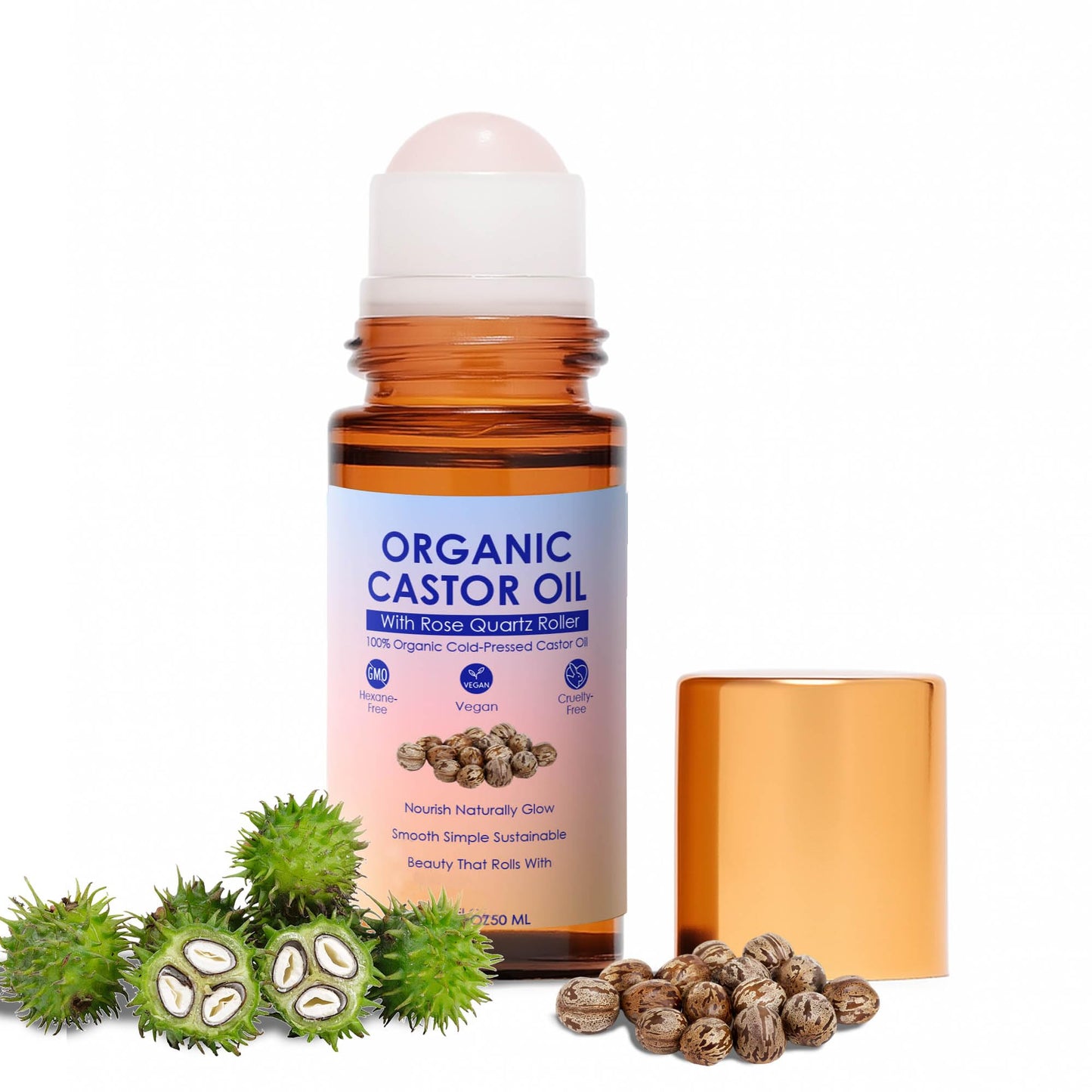 ipxkwll Castor Oil Rose Quartz Roller Ball, 100% Pure Cold-Pressed & Unrefined - Rose Quartz Castor Oil Roller for Hair Growth, Eyelashes, Eyebrows & Skin (1)
