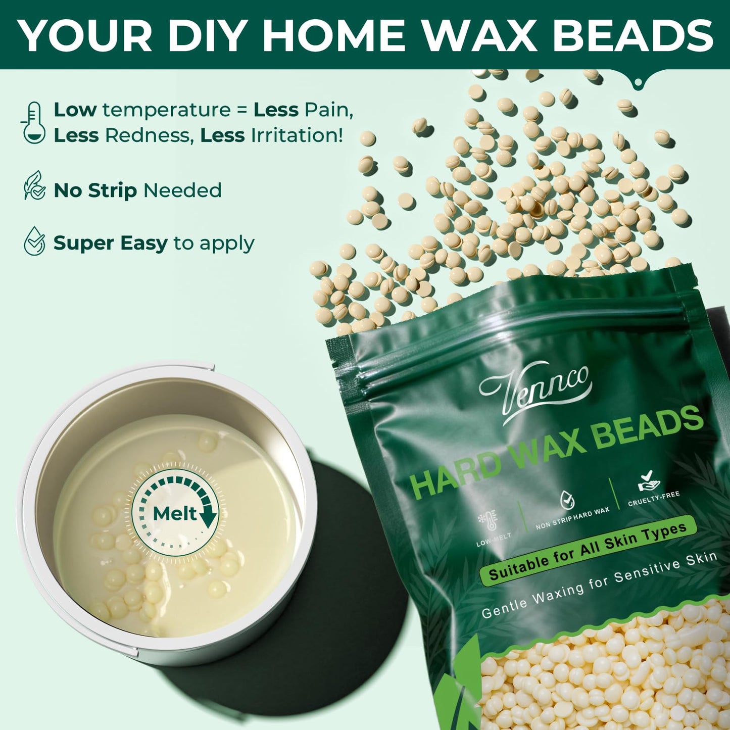 VENNCO 1lb Cream Wax Beads for Hair Removal, Hard Wax Beads Refill for Fine Hair and Detail Areas, Designed for Eyebrow Facial Bikini and Body Waxing at Home, Stripless Low Temperature Wax