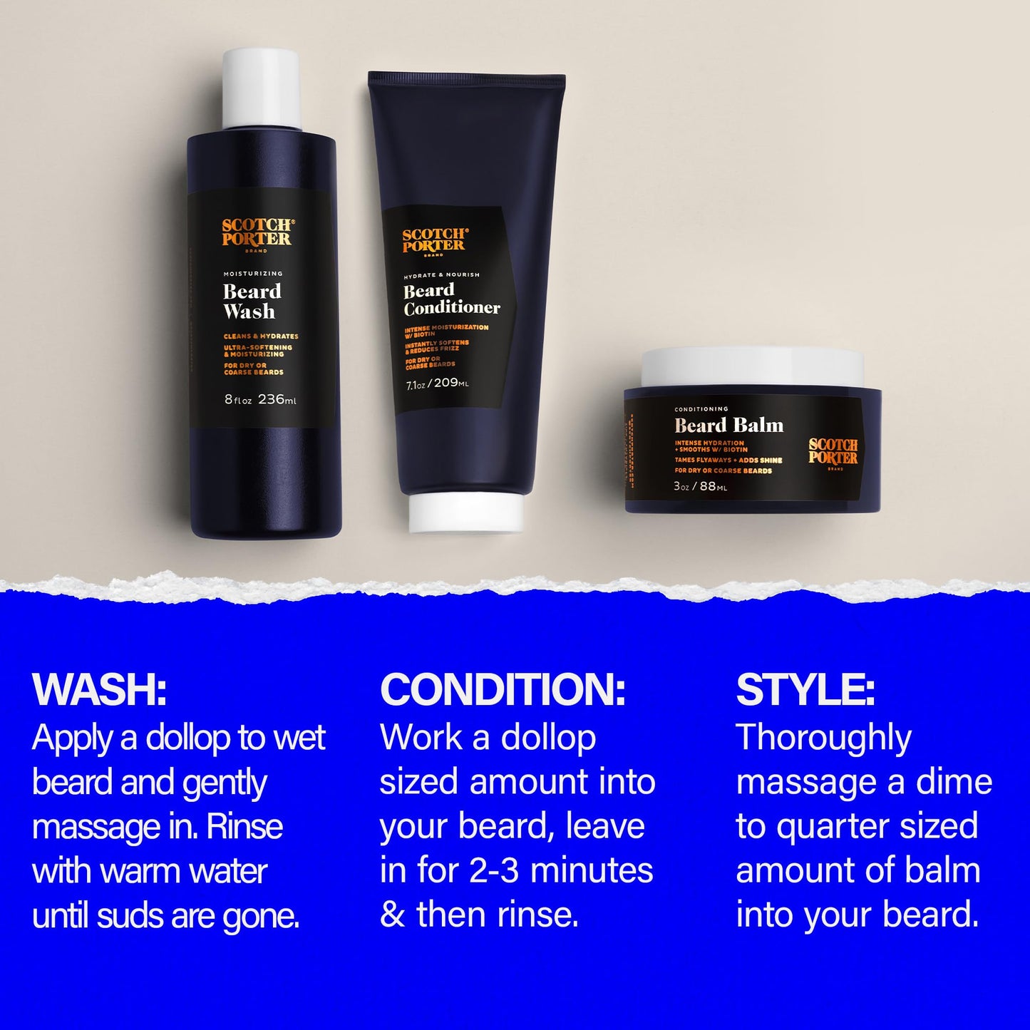 Scotch Porter Beard Wash, Conditioner & Balm – Cleanse, Moisturize, Hydrate, Soften & Style Coarse, Dry Facial Hair while Encouraging Growth for a Fuller, Healthier-Looking Beard