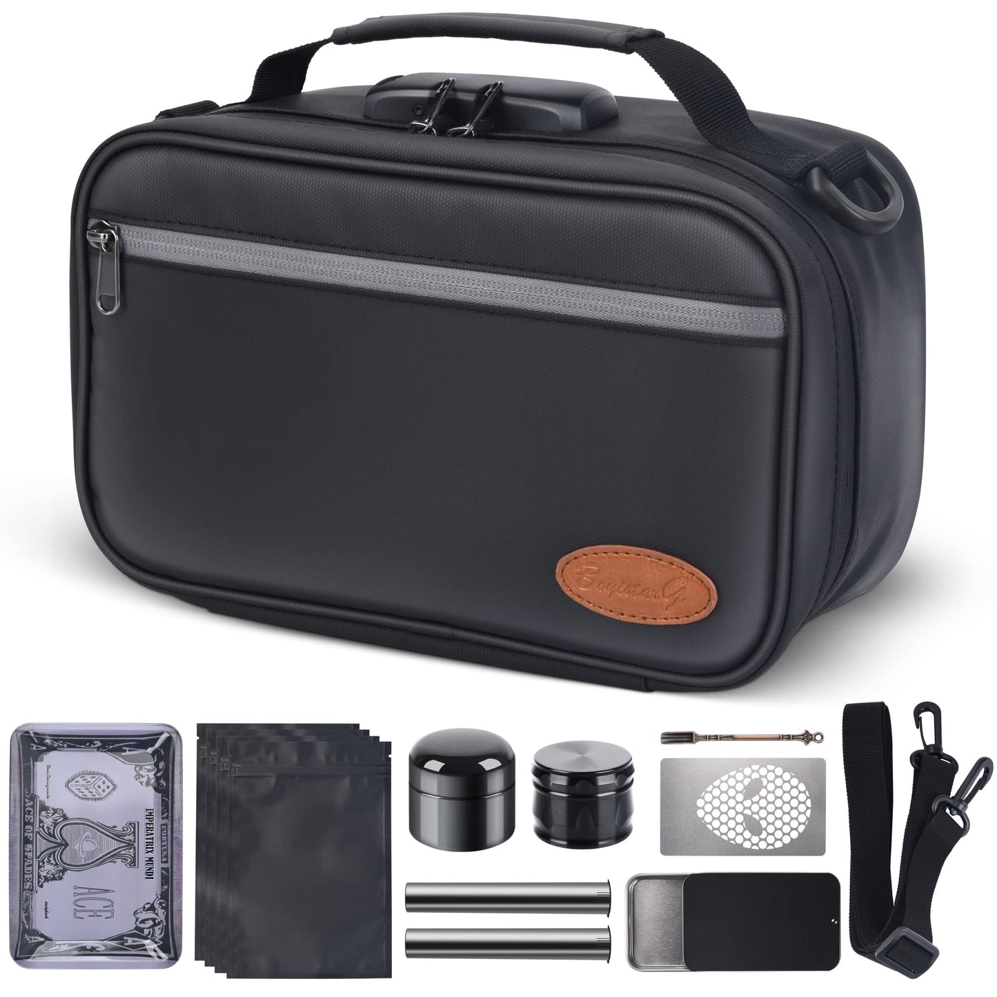 8pc Carbon Lined Pouches w/Accessories,Combo Lock Travel Case,Gift Black