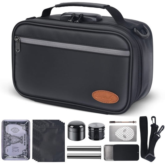 8pc Carbon Lined Pouches w/Accessories,Combo Lock Travel Case,Gift Black