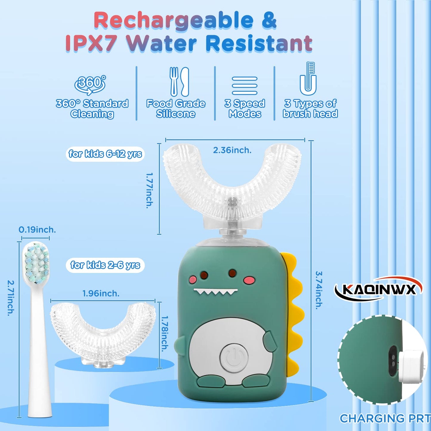 KAQINWX Kids U Shaped Electric Toothbrush for Age 2-12, Rechargeable Toddler Toothbrush with 60S Smart Timer, Dinosaur Design, IPX7 Waterproof & 360°Cleaning,Develop Kids' Brushing Habits