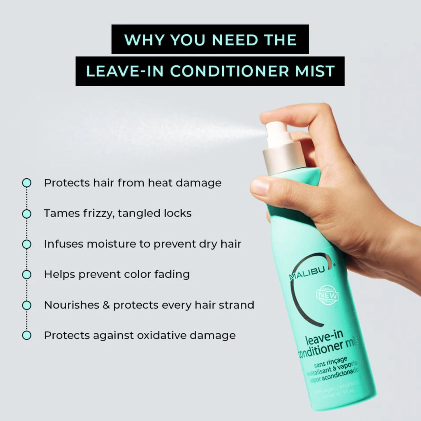 Malibu C Leave In Conditioner & Moisturizing Heat Protectant for Hair - Adult & Kids Hair Detangler Spray for Daily & Post Swim to Help Prevent Color Fading with UV Protection (9oz)