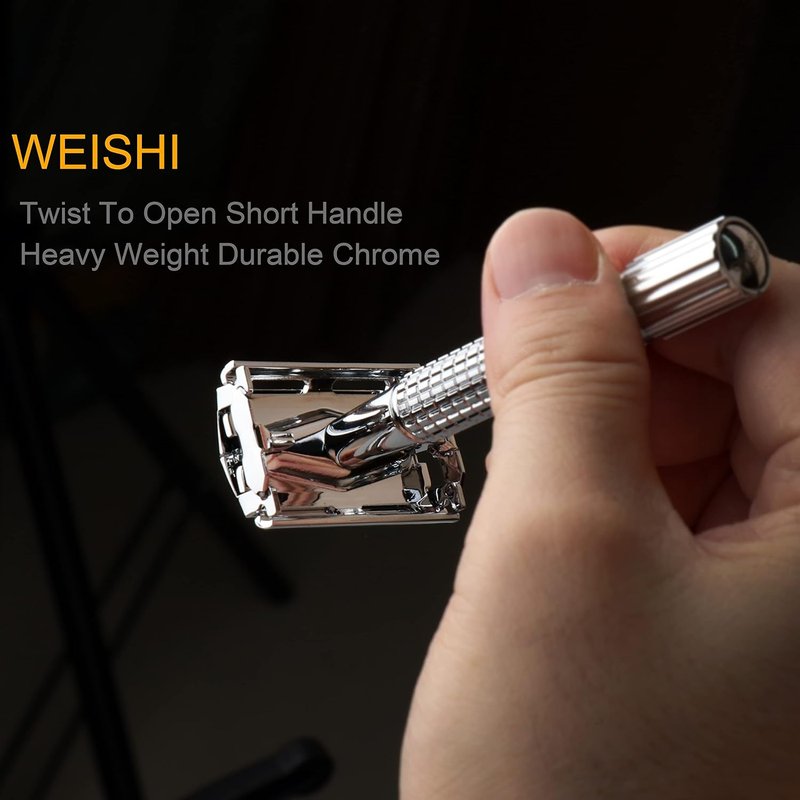 **WEISHI Butterfly Double Edge Safety Razor - Chrome Short Handle with 5 Stainless Blades for a Smooth Wet Shave**