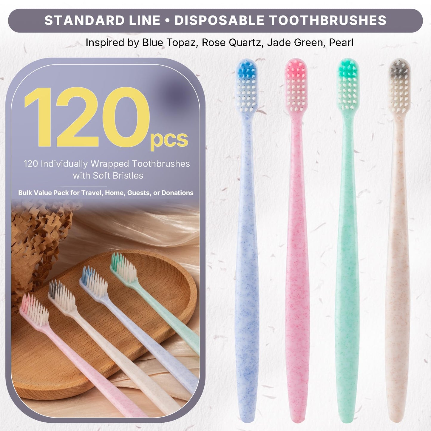 Fresings 120-Pack Disposable Toothbrushes Individually Wrapped, Soft PBT Bristle Bulk Travel Manual Toothbrushes for Adults & Kids, Guest Bathroom, Hotel, Camping, Donation – 4 Gemstone Colors