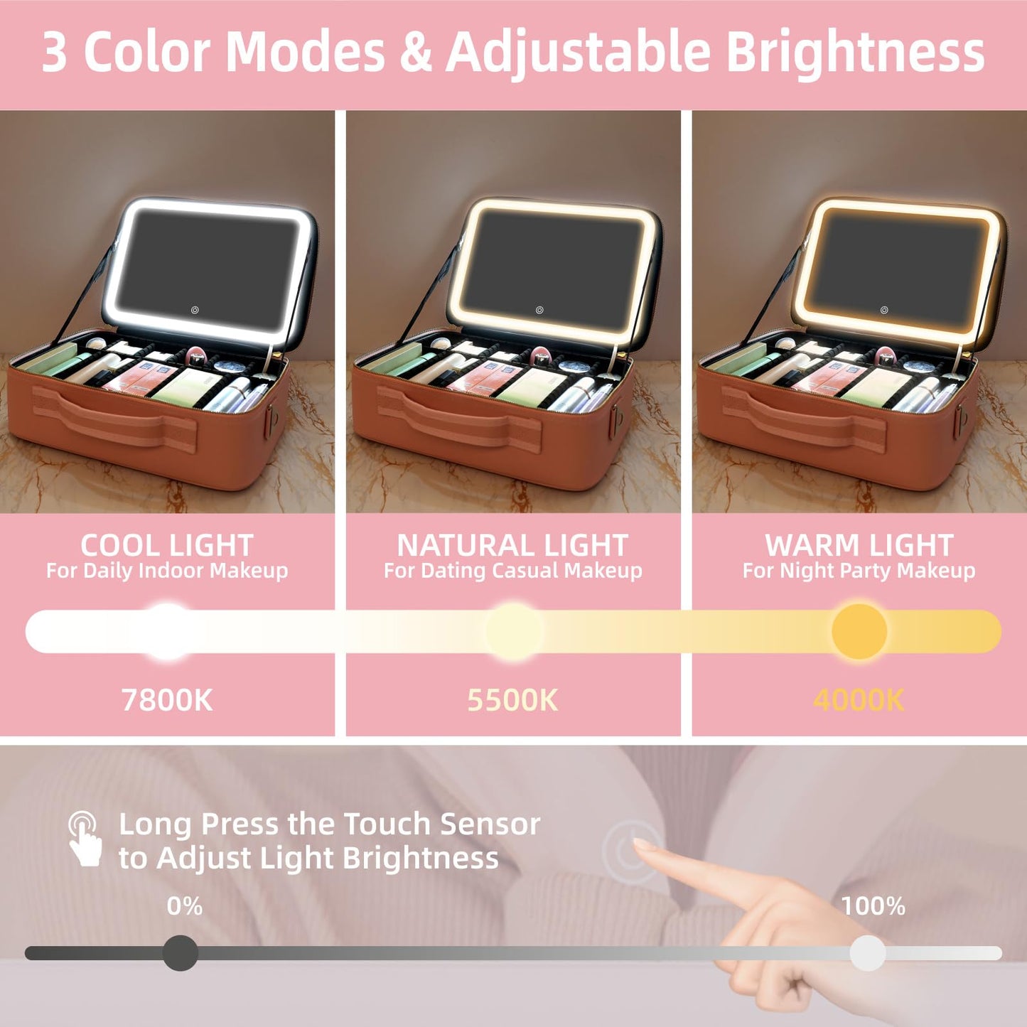 saiggnyy 15"×11" Large Pink Makeup Bag with Mirror, Personal Item Travel Bag with Makeup Mirror 3 Lights, Waterproof Train Case with Mirror and Adjustable Dividers,Professional Lighted Makeup Case
