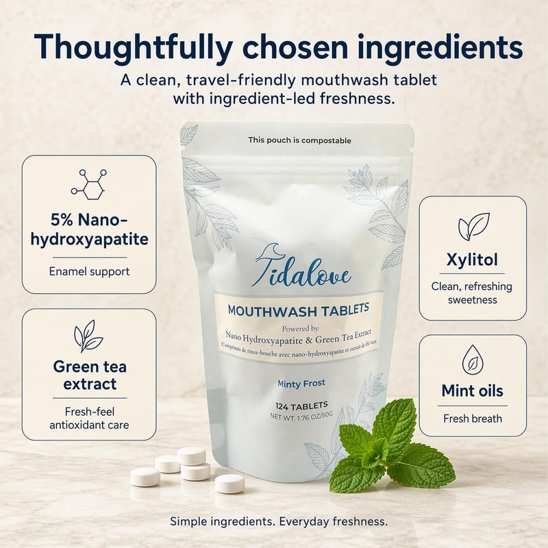 Mouthwash Tablets - Alcohol-Free, Eco-Friendly, Travel-Friendly, with Nano-HA & Green Tea for Fresh Breath and Enamel Protection - 124 Tablets (Refill)