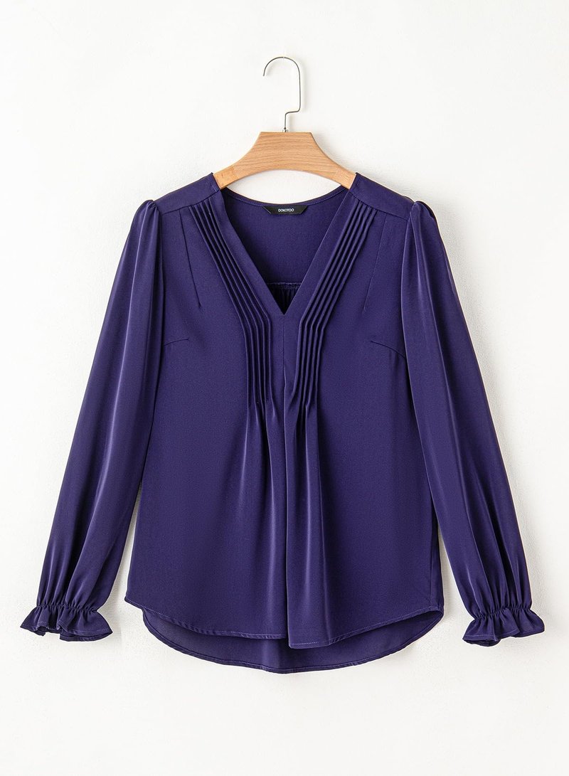 Dokotoo Womens Tops Casual Pleated V Neck Puff Long Sleeve T Shirts Loose Tunic Business Blouse