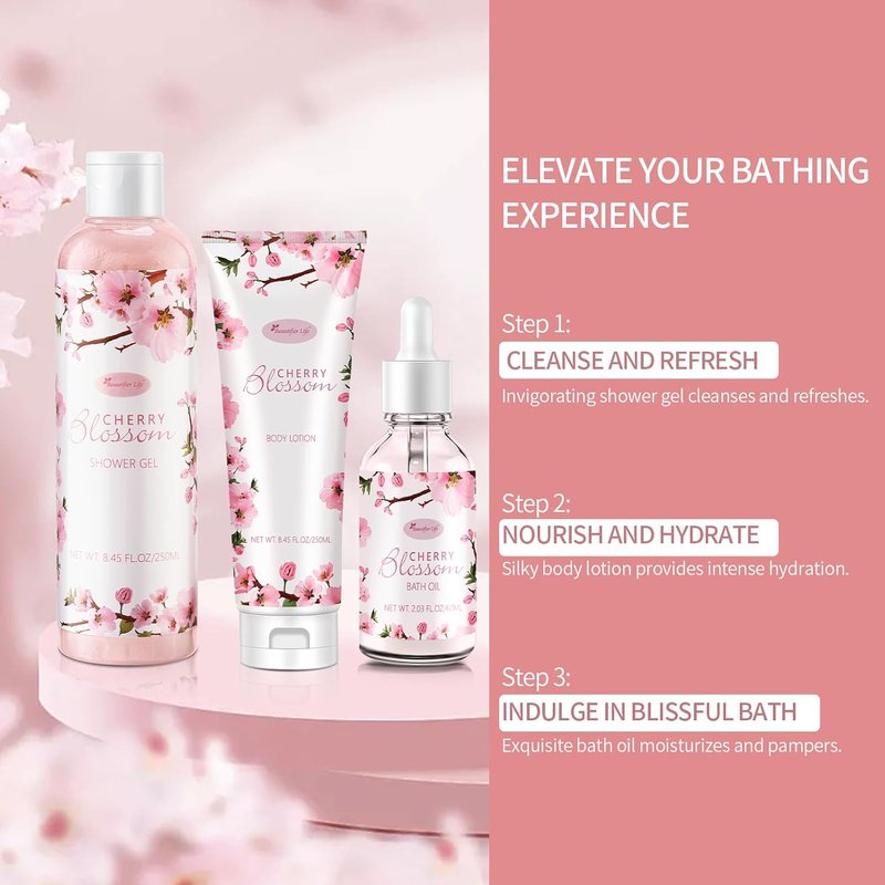 Bath and Body Gift Set for Women - Luxurious Japanese Cherry Blossom Spa Essentials | 7-Piece Set with Shower Gel, Lotion, Bath Oil, Salt, Soap, Bombs & Candle