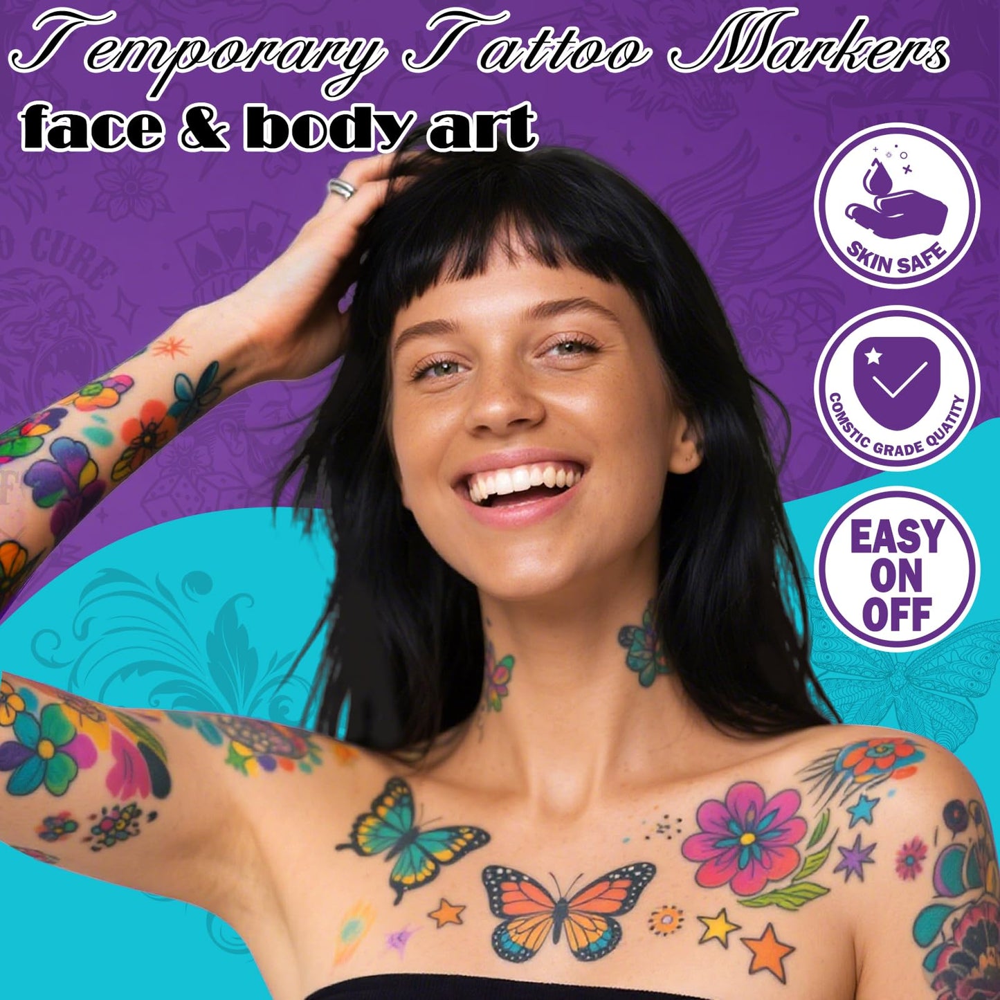 Ponhey Temporary Tattoo Markers for Skin, 24 Body Markers+67 Large Tattoo Stencils,Dual-End Tattoo Pens,Fine Lines with Cosmetic-Grade,Flexible, Skin-Safe Face Paint Kit for Kids Teenage Adults