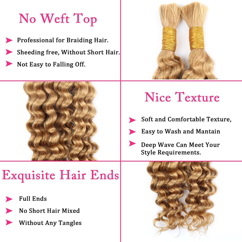 B-Fashion Human Braiding Hair for Boho Braids Deep Wave Bulk Human Hair for Braiding 22 Inch 2 Bundles 100G 100% Brazilian Wet and Wavy Curly Human Hair Braiding Hair Extensions No Weft Bundles