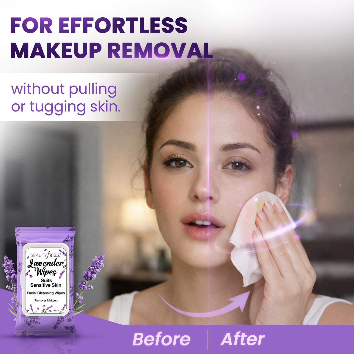 BeautyFrizz Lavender Face Wipes - Gentle No Rinse Makeup Remover and Facial Cleansing Wipes - Contains Aloe, Castor, Vitamin A and E - Suits Sensitive Skin - Moisturizing - Extra Soft (120 pcs)