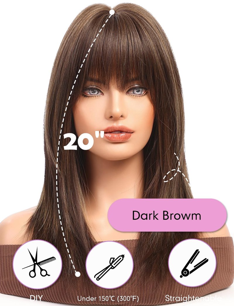 Getshow Dark Brown Wigs for Women layered Straight Wig with Bangs Natural Synthetic Hair