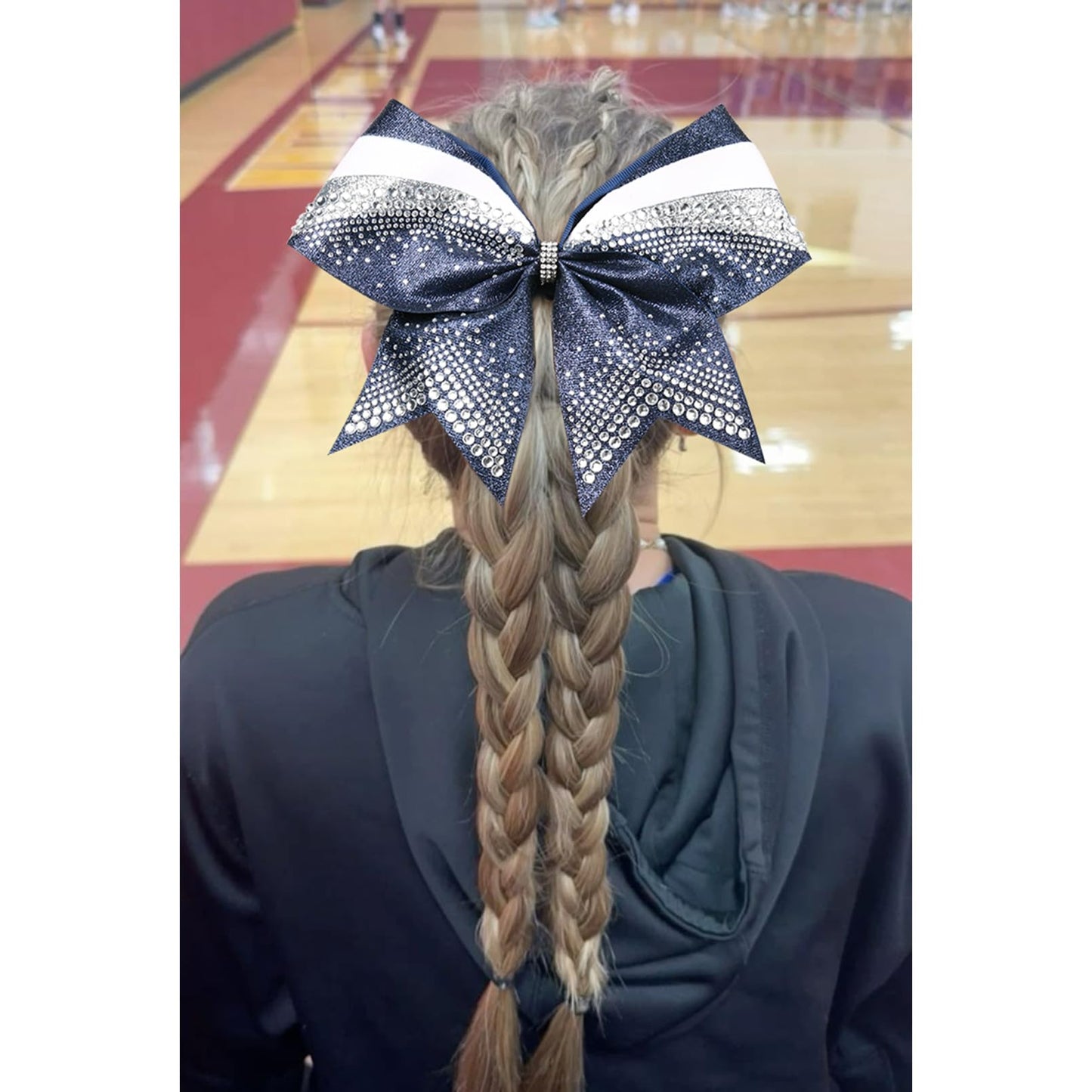 DEEKA 6 PCS 7" Large Glitter Cheer Bows with Shiny Rhinestones Three Color Stiff Hair Bows Elastic Band Ponytail Holder for for Cheerleaders Softball Girls Sports -Navy/Silver/White