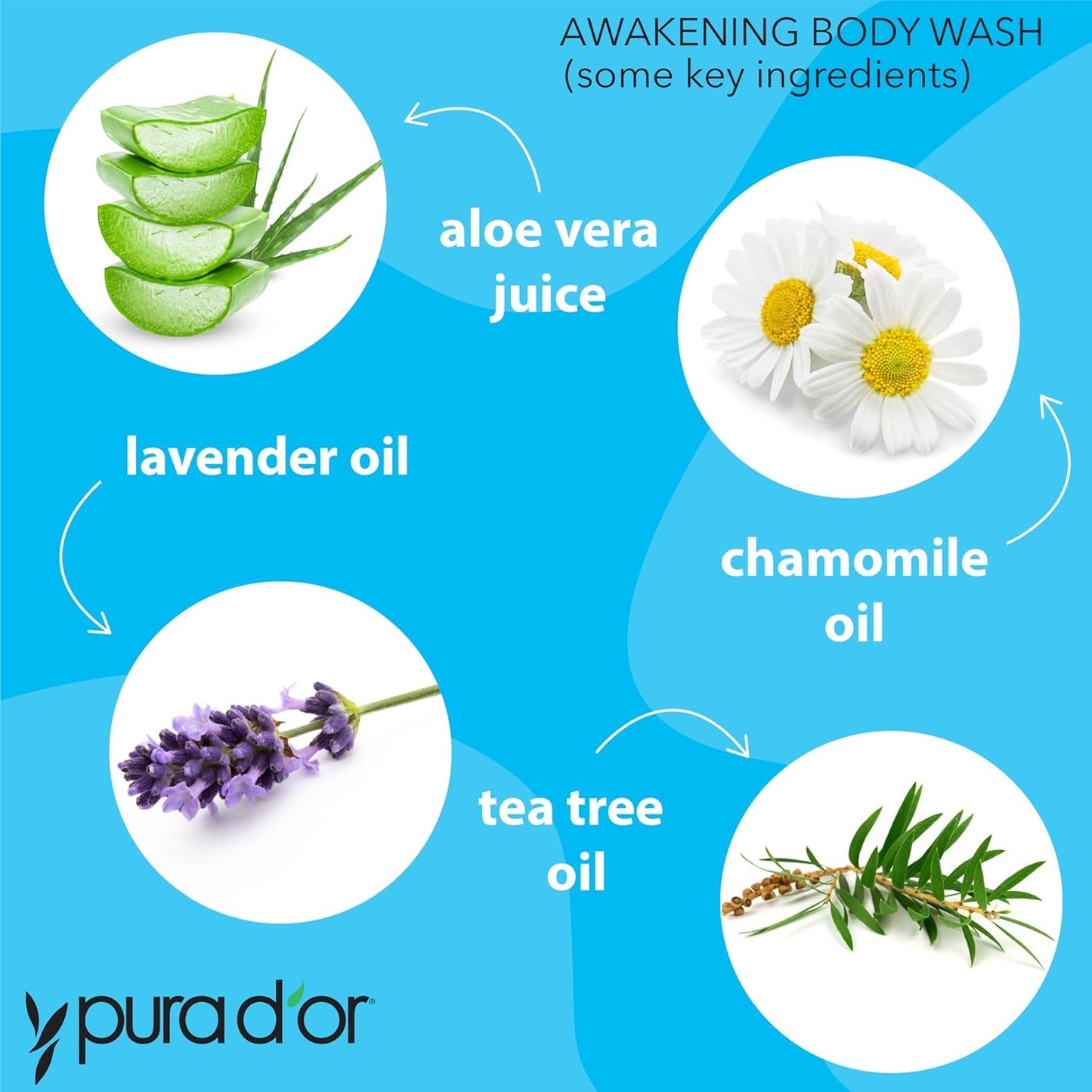 PURA D'OR Awakening Body Wash - Aloe Vera & Lavender | pH Balanced, 48oz Total for Soft, Fresh Skin