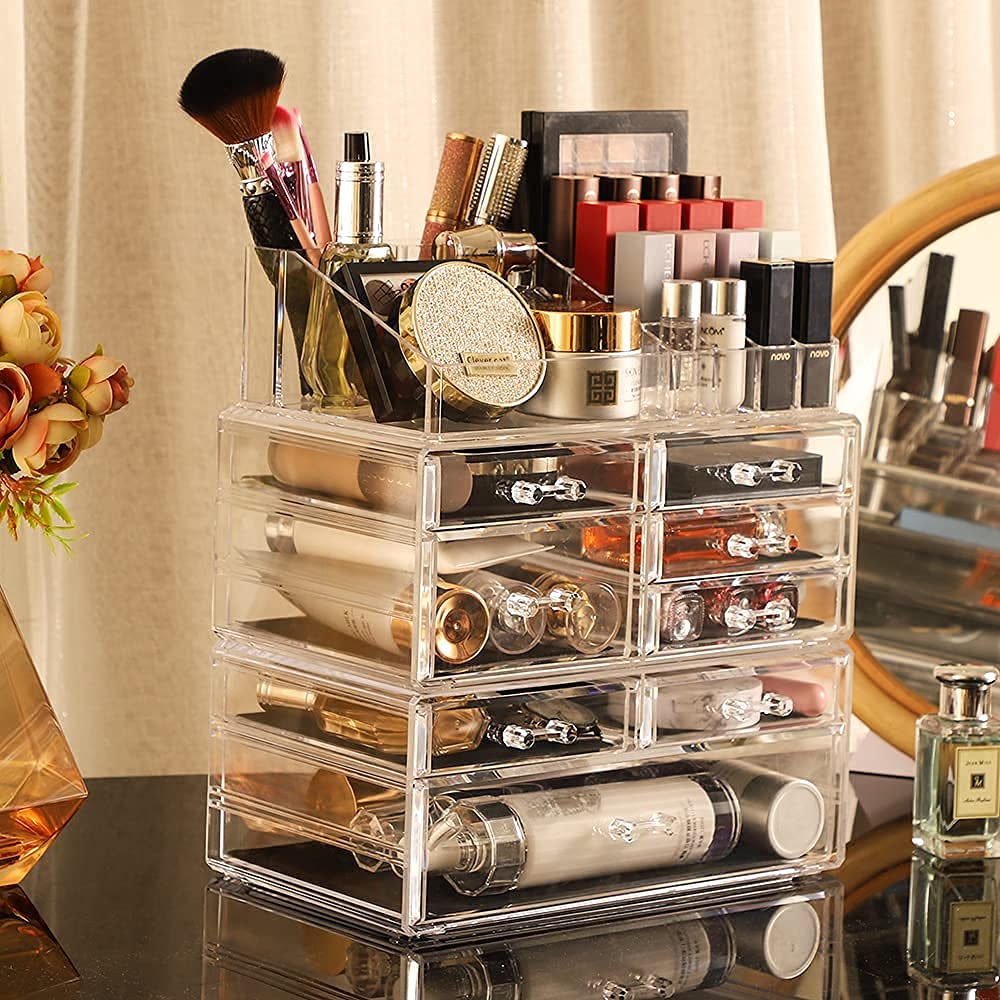 Cq acrylic 3 Pack Clear Make Up Organizer Countertop,Stackable 8 Drawers Makeup Storage,Cute Vanity Organizers for Dresser Hair Clip,Jewelry,Beauty Product Desk and Bathroom Organizers and Storage