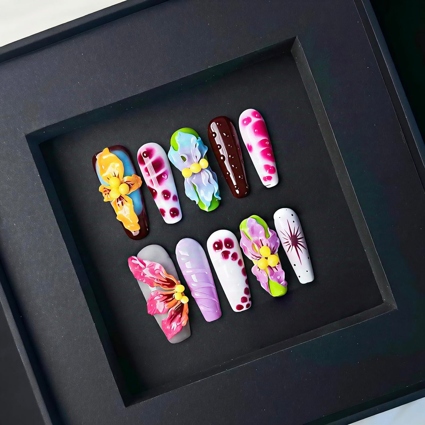 10Pcs Handmade Floral Press on Nails Long Thick Fake Nails Coffin False Nails with 3D Flowe Design Muti-Layer Gel Acrylic Nails Press ons Summer Fall Nail Reusable Stick on Nail for Women (S)
