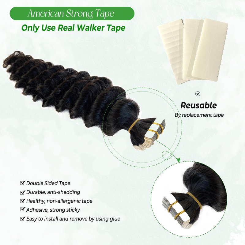 Deep Wave Tape in Hair Extensions Human Hair,20 Inch Black Hair Extensions Real Remy Human Hair Curly Tape ins for Black Women,20pcs Double Sided Invisible Tape Hair Extension 50g/pack