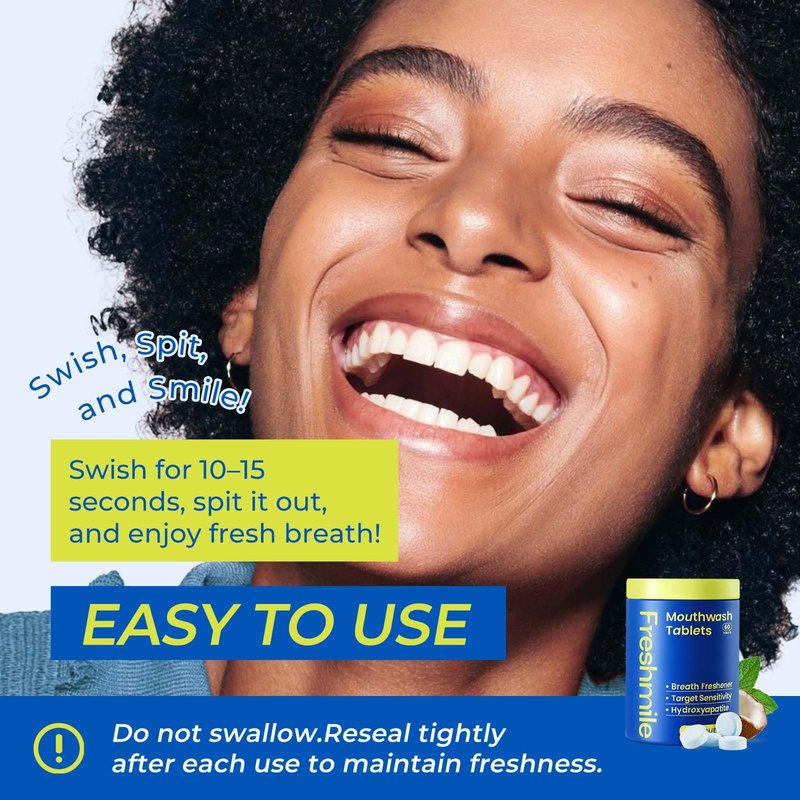 Freshmile Travel Mouthwash Tablets for Sensitive Teeth & Gum Health – Fluoride & Alcohol-Free, Nano-Hydroxyapatite (NHA) & Xylitol for Bad Breath & Tooth Repair (60 Count)