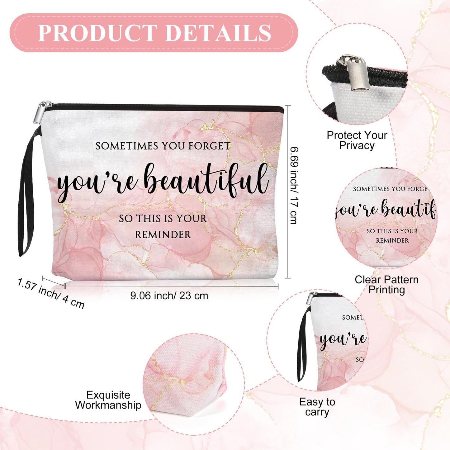 Beeveer 20 Sets Pink Inspirational Gift for Women, Appreciation Gift Bulk for End of Year Teacher, Sometimes You Forget You're Beautiful Makeup Bag and Compact Mirror for Mother Client Nurse Employee