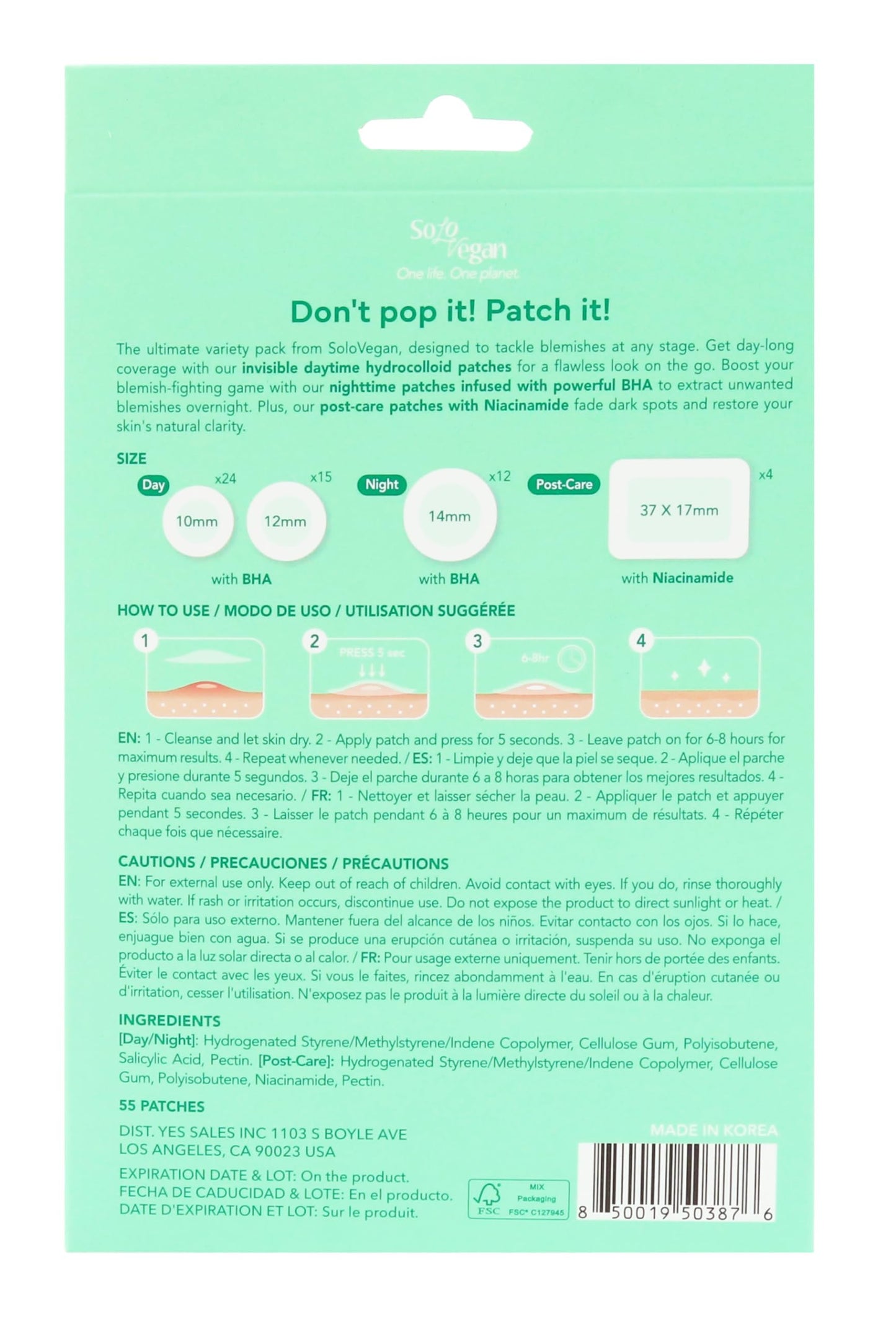 SoloVegan 55Count Don't Pop to Me Blemish Patch, Invisible Spot Cover, Hydrocolloid Acne Patch, Treatment for Breakouts, Absorbs Zits & Blemish, Korean Skin Care (165pcs (3PK))