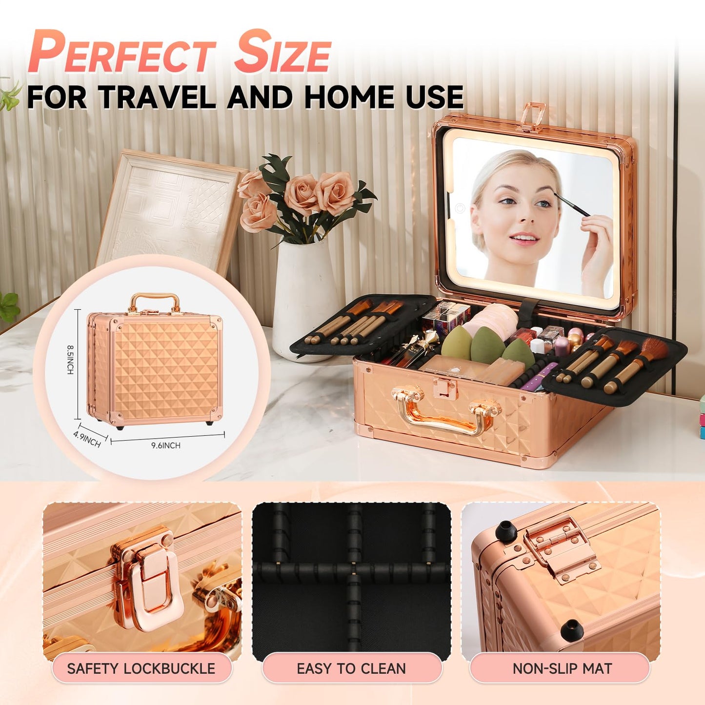 Leeora&Leekoo Makeup Box with Lighted Mirror,Portable Makeup Train Case Organizer (Rose Gold)