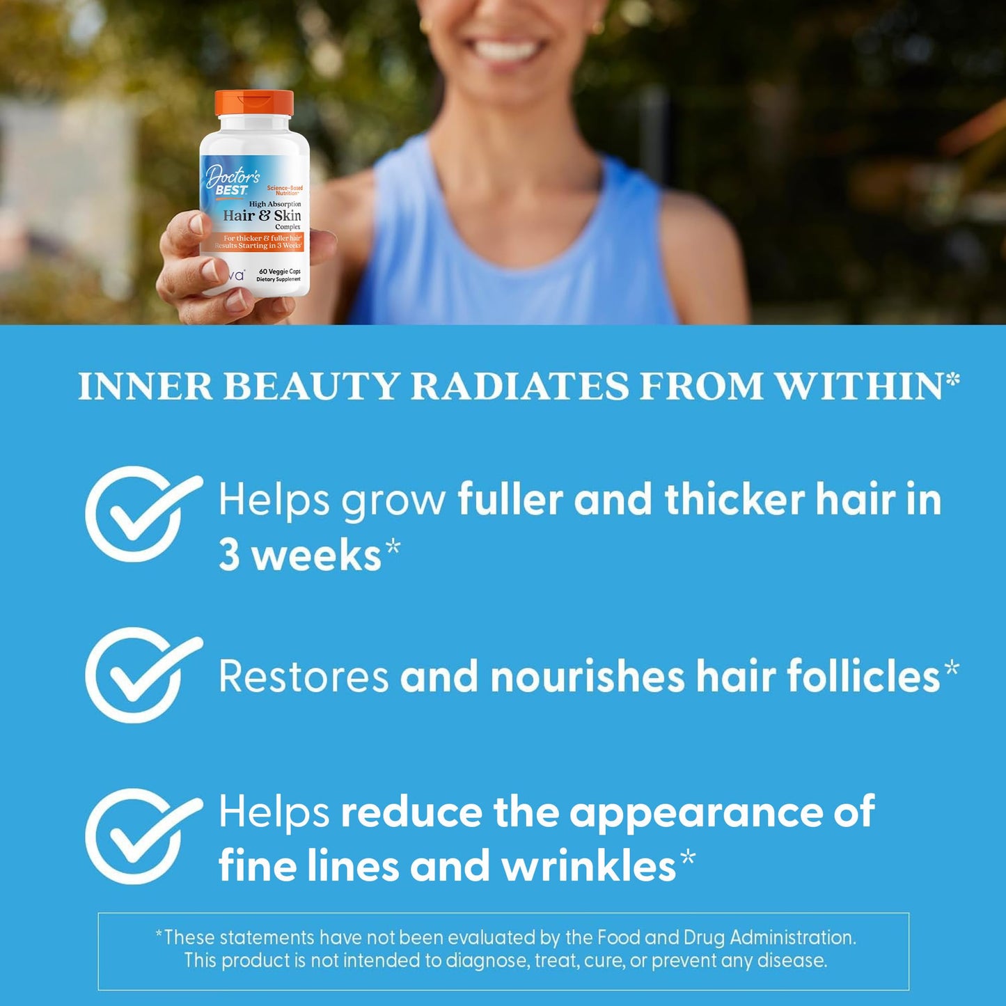 High Absorption Hair & Skin Complex, Clinically Shown to Grow Thicker, Healthier Hair in 3 Weeks, Supports Hair Growth & Skin Health, Non-GMO, Gluten Free, Soy Free, Vegan, 60 Veggie Capsules