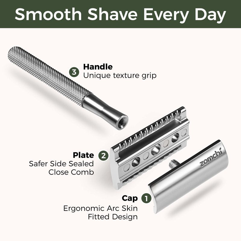 ZOMCHI Double Edge Safety Razor for Men & Women, Metal Razor with 5 Double Edge Safety Razor Blades, Silver