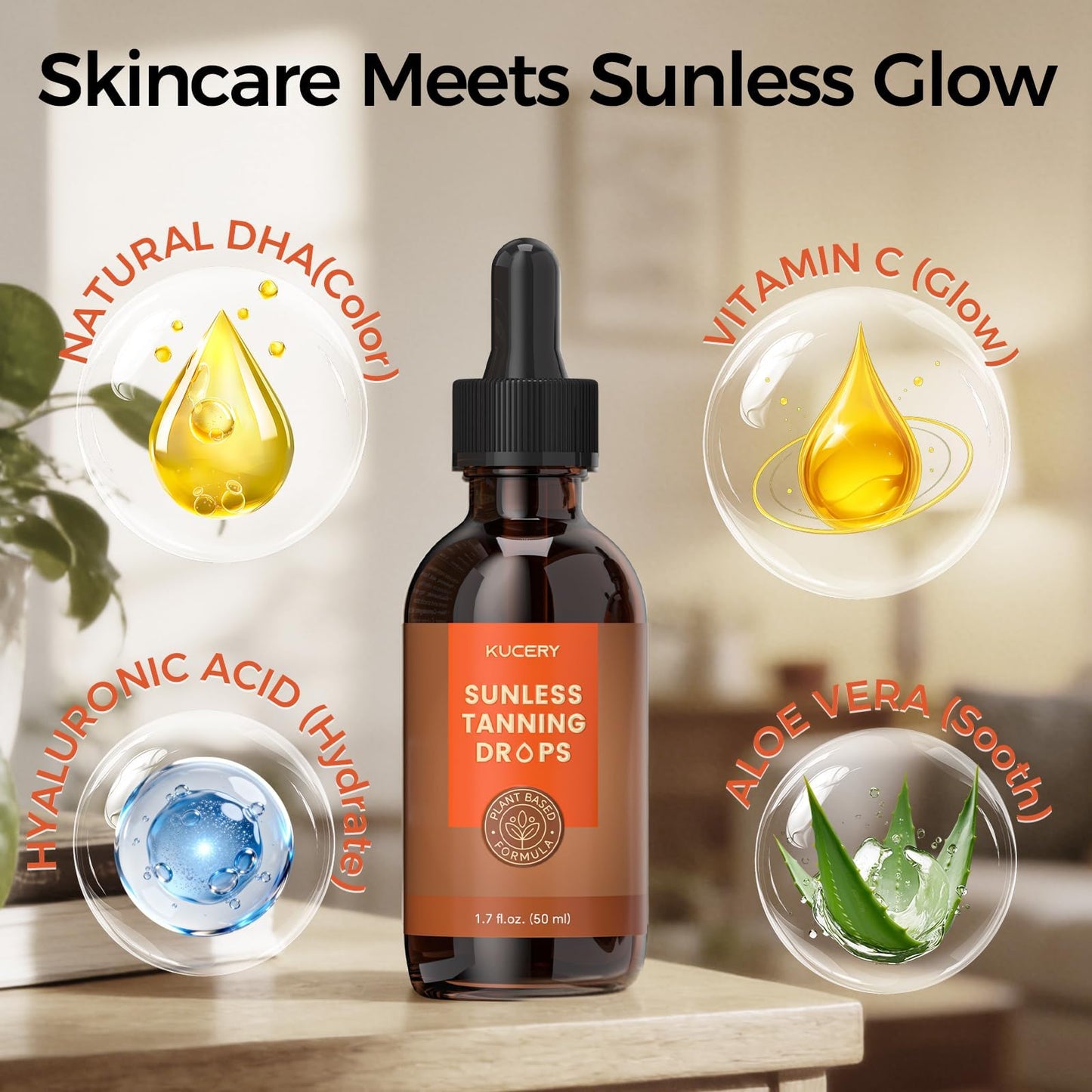 KUCERY Plant-Based Sunless Tanning Drops for Face & Body | Customizable Streak-Free Bronzing Serum with Natural Botanical Ingredients, Buildable Self-Tan Glow, 1.7 fl oz (50ml)