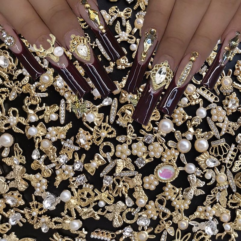 50pcs Gold 3D Alloy Flowers Bows Butterfly Star Crown Heart Charms for Nail Art Design - Mixed Gems Rhinestones Jewels Supplies