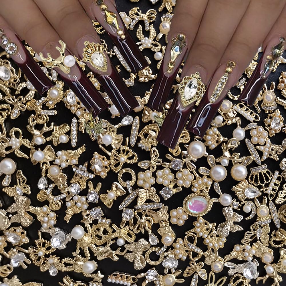 50pcs Gold 3D Alloy Flowers Bows Butterfly Star Crown Heart Charms for Nail Art Design - Mixed Gems Rhinestones Jewels Supplies