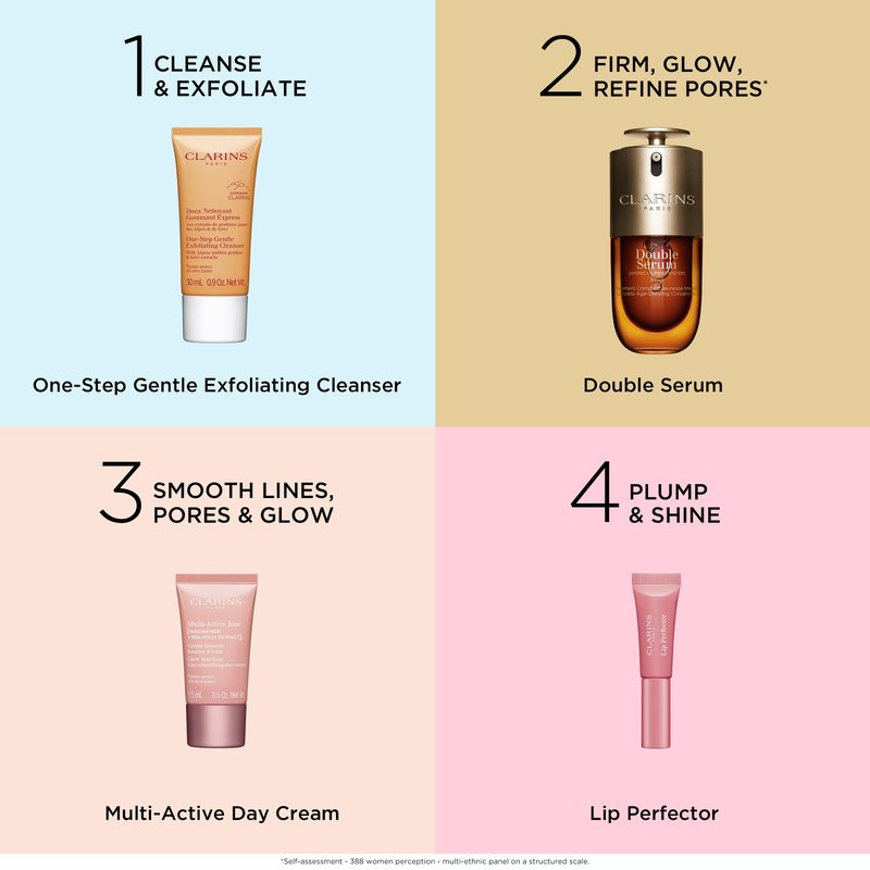 Clarins Smooth and Glow Starter Set | Amazon Exclusive 5-Piece Skincare Set | Includes Full Size Double Serum 1 Ounce | $105 for Value of $142