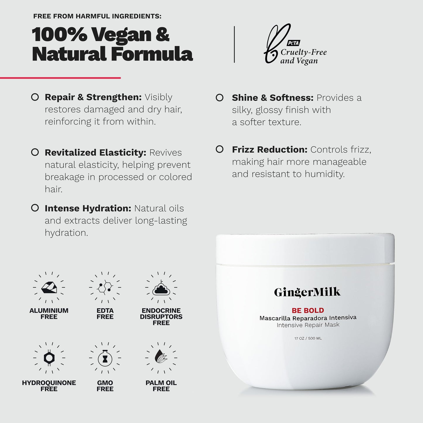 Ginger Milk Natural Care Intensive Repair Hair Mask for Dry / Damaged Hair due to Coloring, Chemical Processes, hot styling tools and dryers | BE BOLD