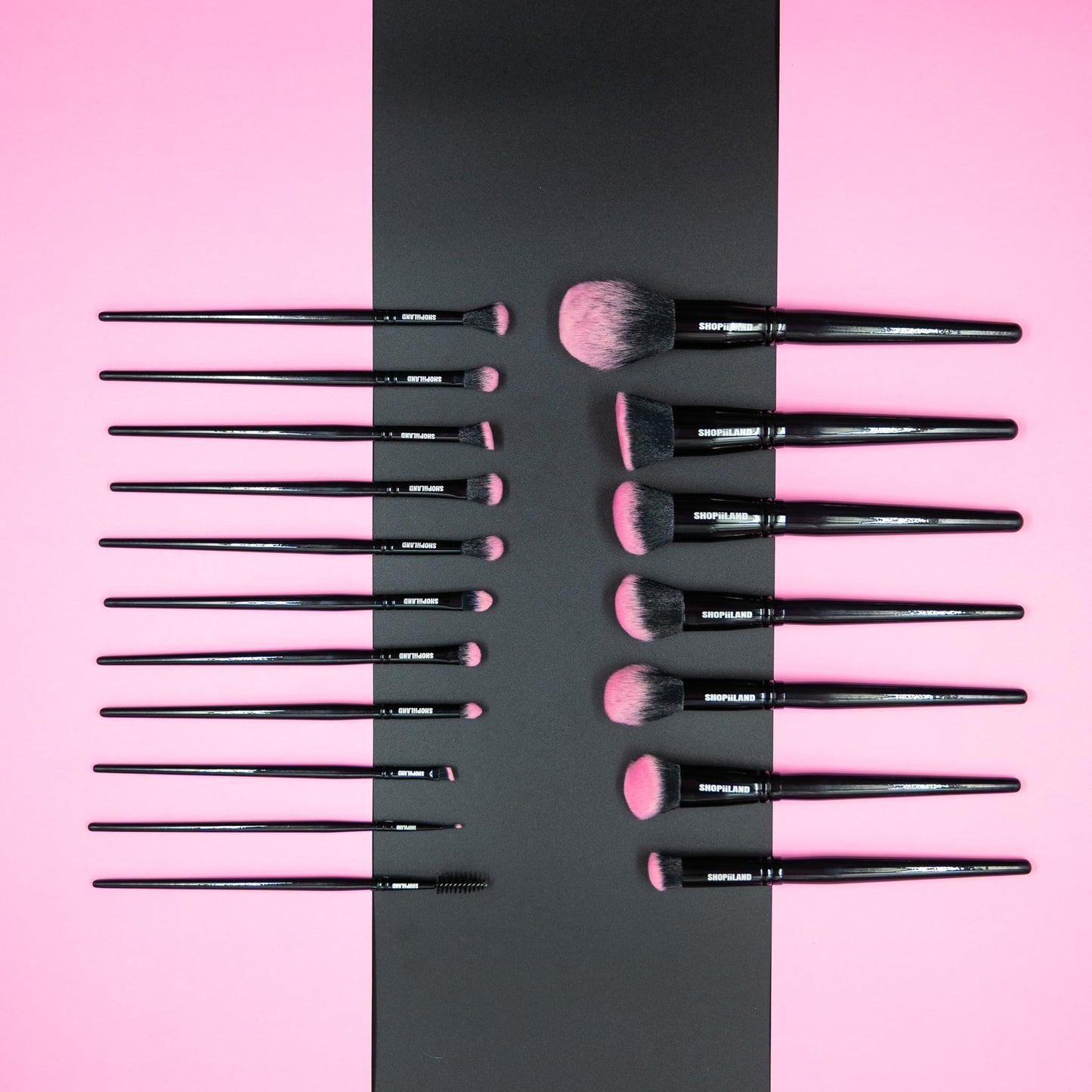 SHOPiiLAND 18-Piece Vegan Makeup Brush Set – Black & Pink Case, Soft Synthetic Bristles, Cruelty-Free, Ideal for Liquid, Powder, Cream & Bronzer; Includes Kabuki, Blender, Blush & Eyeshadow Brushes