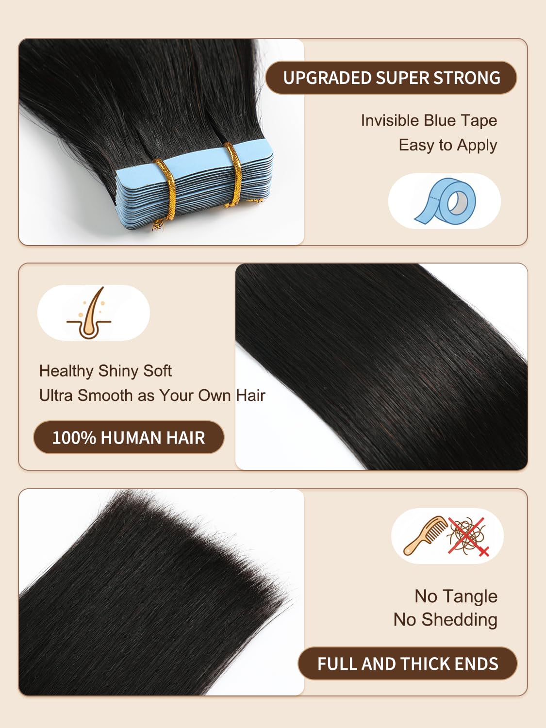 YILITE Tape in Hair Extensions Human Hair 16 inch 20pcs Off Black color 40g Silky Straight Premium Human Hai,Seamless Skin Weft Remy Hair 1b Tape ins(16 inch #1B)