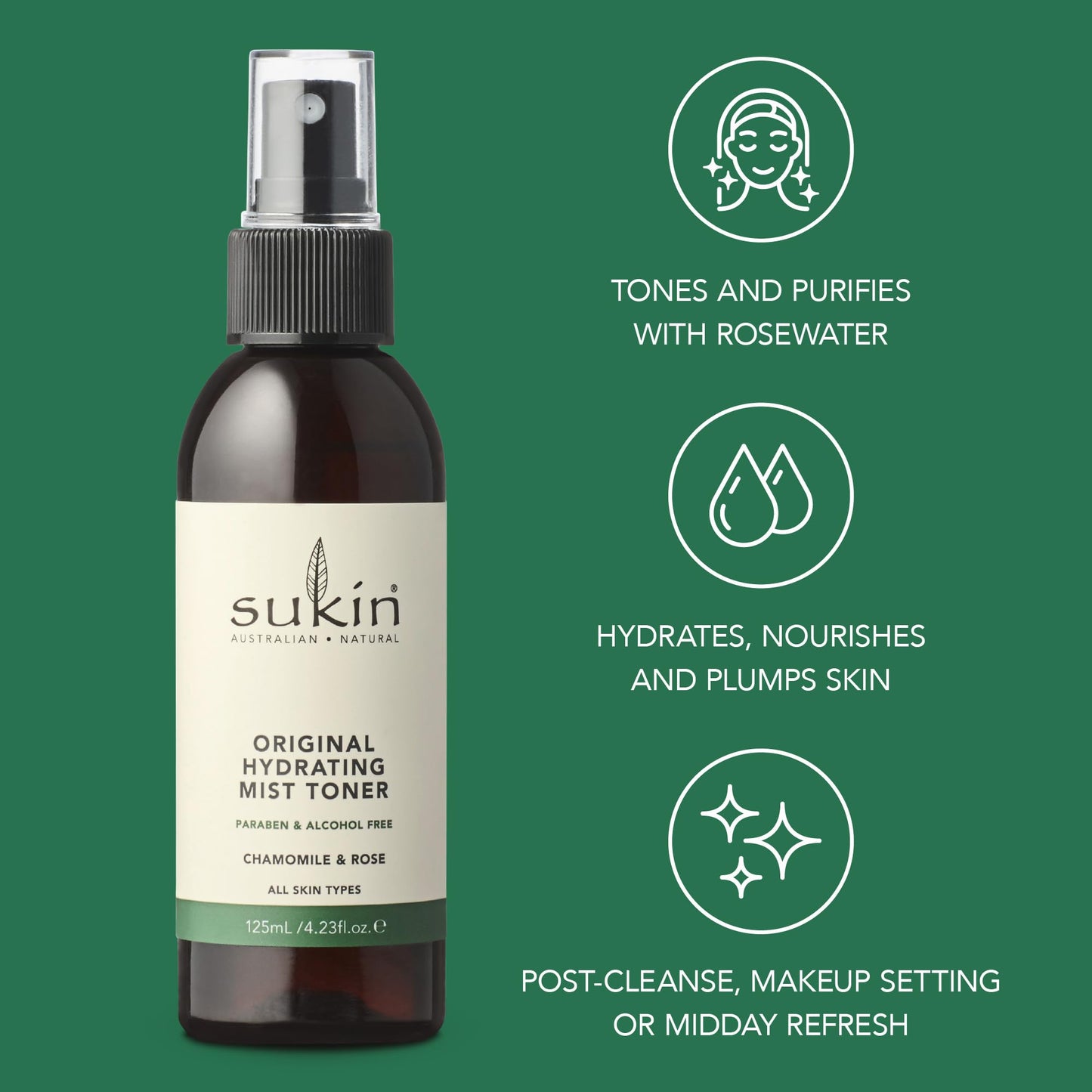 Sukin Original Hydrating Toner, Face Mist – Refreshing Chamomile & Rose Water Spray for Face, Beauty & Personal Care Essentials, 4.23 Oz
