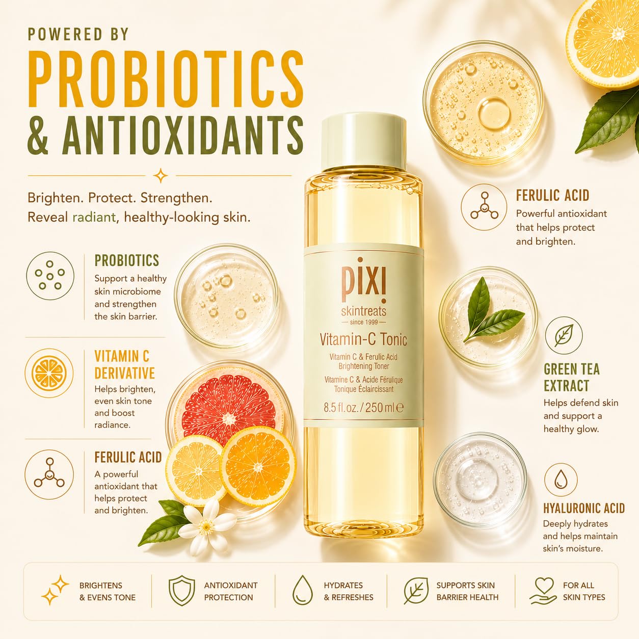 Pixi Vitamin-C Toner Tonic | Fade Dark Spots & Brighten Skin | Vitamin C & Ferulic Acid, with Probiotics | Boost Skin Luminosity, Brighten Dull Skin, Alcohol Free Daily Toner (250ml / 8,5 fl oz)