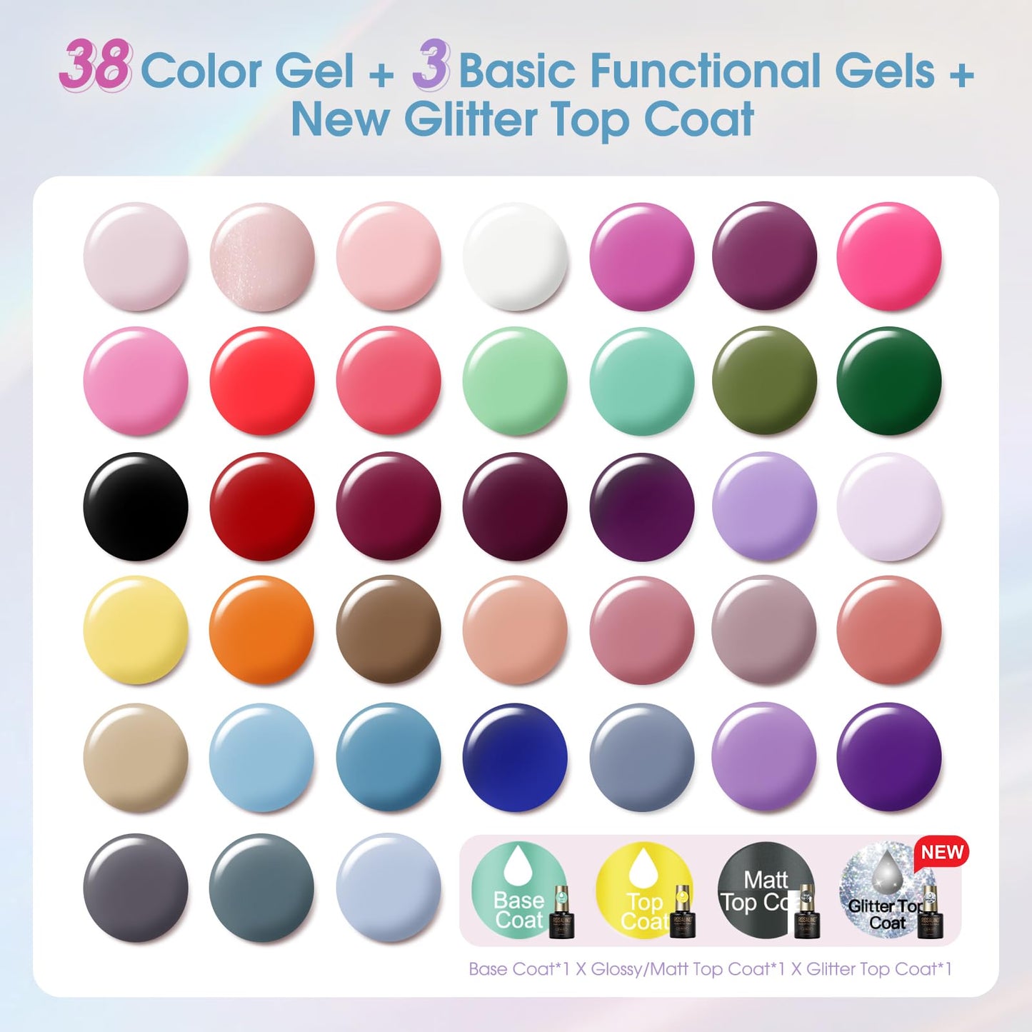 ROSALIND 42 Pcs Gel Nail Polish Set, 38 Colors All Seasons Nail Polish Set Colorful Begginer Kit with Base Coat & Glossy/Matte/Glitter Top Coat, Gel Nail Art Manicure Salon DIY Gifts